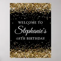 Gold Glitter Black 18th Birthday Party Welcome Poster