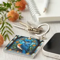 Majestic Bluebird Perched on Stained Glass Window Keychain