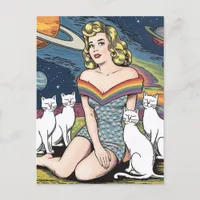 Woman in Space with White Cats Postcard