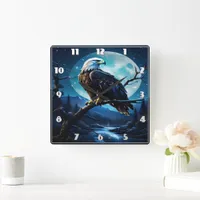 Majestic Eagle Perched Under Moonlit Sky Square Wall Clock