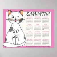 2025 Monthly Calendar Cute Pink Playful White Cat Poster