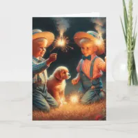 Little Boys Playing with Firework Fourth of July Card