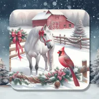 Festive White Horse and Cardinal Christmas Square Sticker