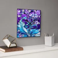 Colorful Floral Design With Blue and Purple Hues Square Wall Clock