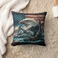 Bald Eagle Perched by Mountain and American Flag Throw Pillow