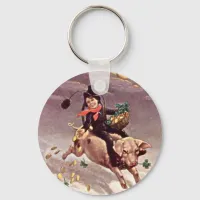 Vintage Boy on Pig Keychain