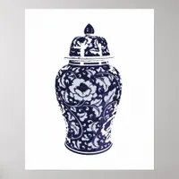 Navy Indigo Blue Pretty Floral Ginger Jar Vase Poster