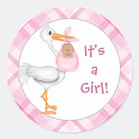 Stork & Baby Girl (darker skin) Baby Announcement Classic Round Sticker