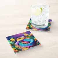 Cobra snake with vibrant turquoise pink and yellow glass coaster