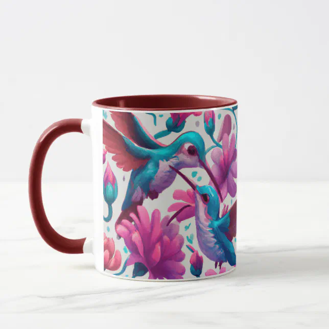 Hummingbirds in Flight Sparring Over Flowers Mug