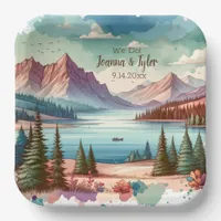 Watercolor Mountain Views Wedding  Paper Plates