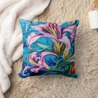 Vibrant Pink Lilies Against a Blue Background Throw Pillow