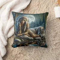 Native Woman Cuddles Wolf by Moonlit Water Throw Pillow