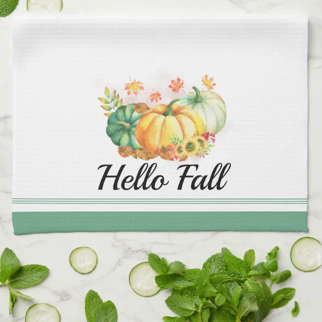 Hello Fall Watercolor Pumpkins Thanksgiving Kitchen Towel