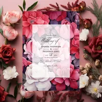 Deep Red, Blush Pink and Silver Floral Wedding Invitation