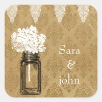 hydrangea in mason jar, burlap favor stickers