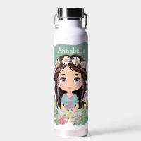 Cute Boho Girl with Daisies in Aqua Water Bottle