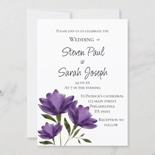 Purple white floral modern botanical minimalist invitation