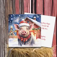 Cute Rustic Christmas Pig and Barn Pesronalized Card