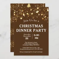 Christmas Dinner Party Gold Stars Trees Brown Invitation