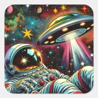 Thumbnail for Astronaut Floating in Space with a UFO Ai  Art Square Sticker