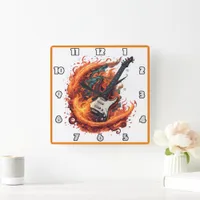 Fiery electric guitar at night square wall clock