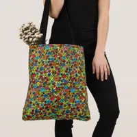 Colorful retro flowers pattern, hand drawn,  tote bag