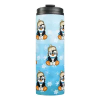 Adorable Hand drawn Penguin with Snowballs Thermal Tumbler