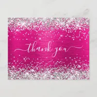 Silver Glitter Hot Pink Foil Birthday Thank You Postcard