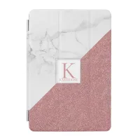 Girly Marble Blush Rose Gold Glitter Monogram iPad Mini Cover