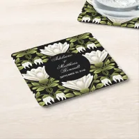 Elegant Black & White Floral Wedding: Calligraphy  Square Paper Coaster