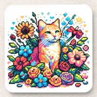 Pixel Art | Cat Sitting in Flowers   Beverage Coaster