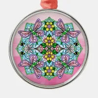 Pink Butterflies Mandala Christmas Metal Ornament