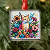 Pixel Art | Cat Sitting in Flowers   Metal Ornament