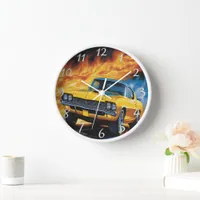 Fiery hot rod racing through a sunset-lit road clock