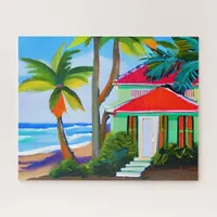 Green Beach House Tropical Ocean Art Jigsaw Puzzle