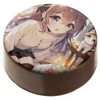 Pretty Anime Girl with Kitten and Birthday Cake Chocolate Covered Oreo