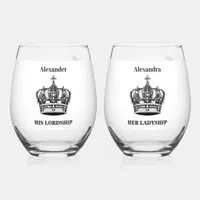 His Lordship Her Ladyship Crown Custom Name Funny Stemless Wine Glass