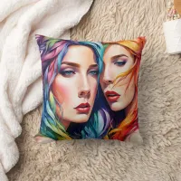 Two Women With Colorful Hair and Bold Expressions Throw Pillow