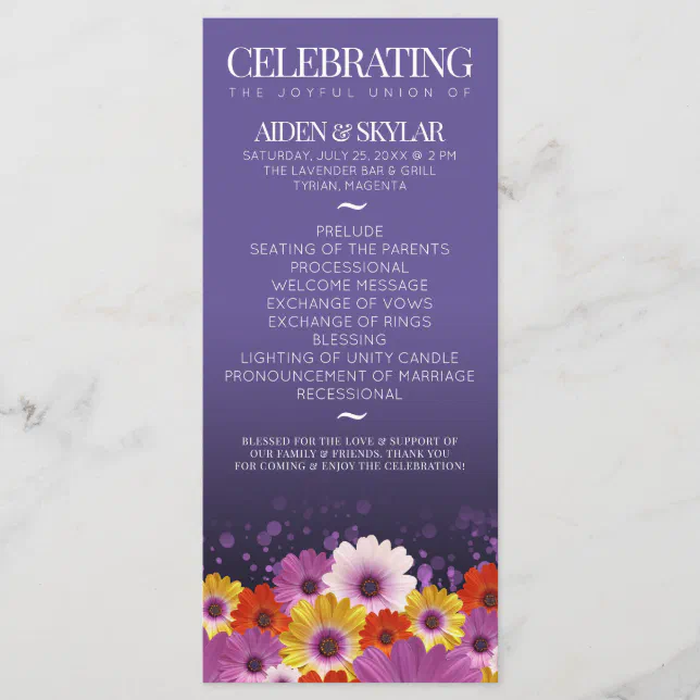 Elegant Daisies Purple Glitter Wedding Program