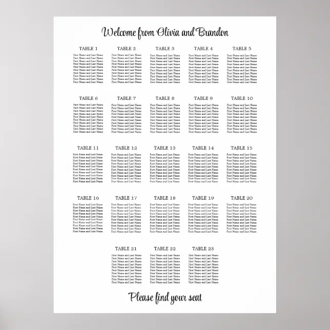 Stylish 23 Table Wedding Seating Chart Poster