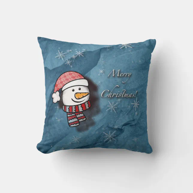 Merry Christmas, snowman with knitted clothes Throw Pillow