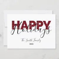 Happy Holidays Red Buffalo Plaid and Calligraphy Holiday Card