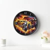 Hot rods racing through a fiery night landscape clock