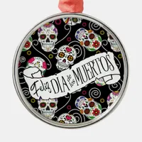 Sugar Skulls and Swirls Rose Black ID725 Metal Ornament