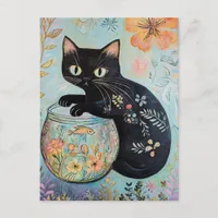 Floral Black Cat with Goldfish  Postcard