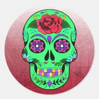 Sugar Skull Halloween Lime Green  Purple Classic Round Sticker