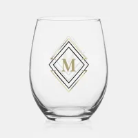 Geometric Diamond Frame Monogram Black/Gold ID617 Stemless Wine Glass