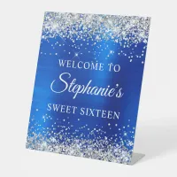 Silver Glitter Royal Blue Foil Sweet Sixteen Pedestal Sign