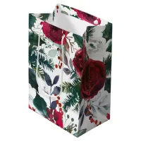Burgundy Roses, Pine, Holly Christmas Floral Medium Gift Bag